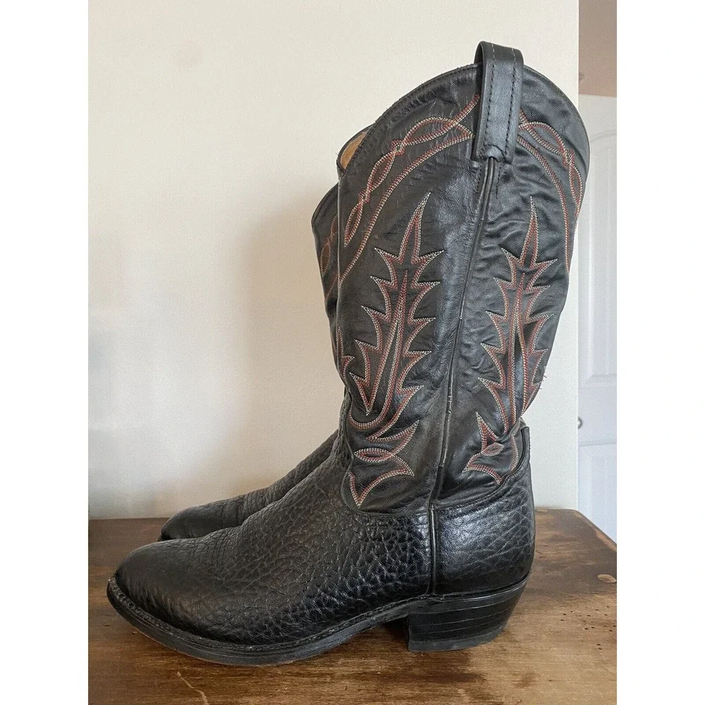 Vintage Tony Lama Pebbled Mens Black Full Grain Leather Boots Sz 9D 11560982 USA